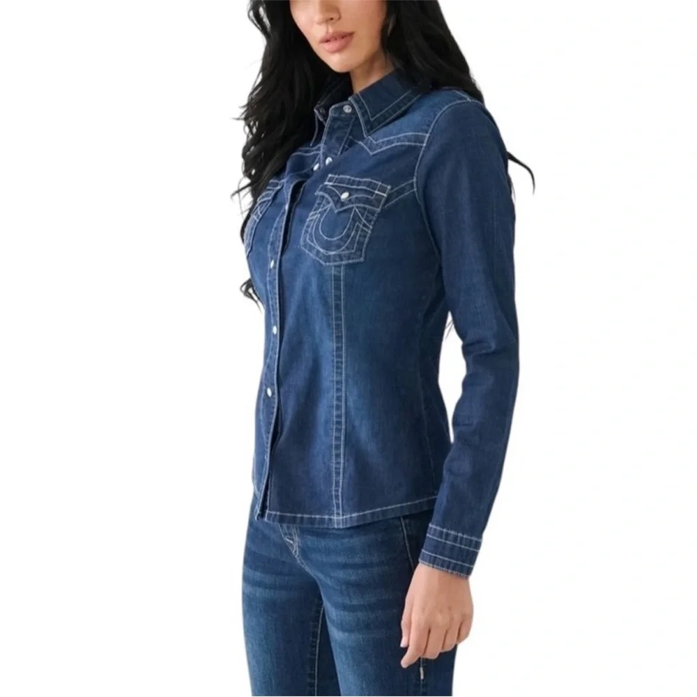True Religion Chambray Western Denim Shirt Shacket Dark‎ Pearl Snap Button New M - Picture 13 of 13
